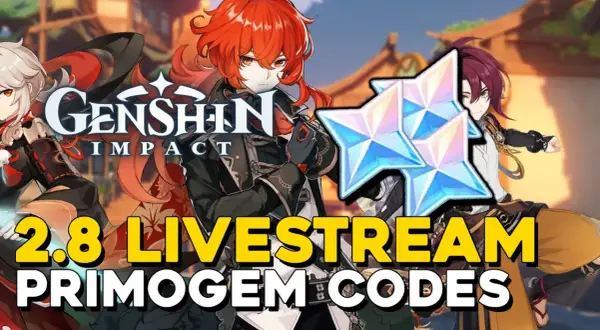 Genshin Impact: 2.8 livestream primogem codes. Postać Diluca i Kazuha z błyszczącymi kryształami.