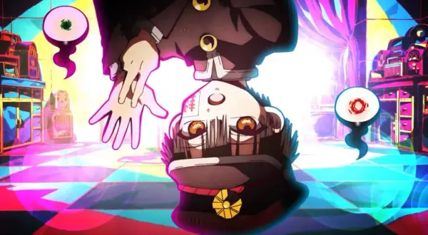 Chłopak z anime, wiszący do góry nogami, otoczony przez latające oczy i kolorowe meble. Czy anime jest złe? To pytanie zadaje sobie wielu, ale ta scena sugeruje coś więcej niż tylko rozrywkę.