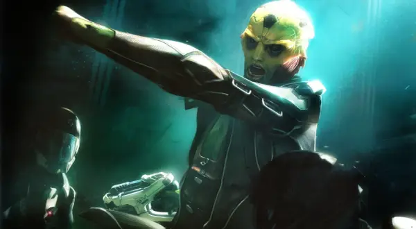 Thane Krios z Mass Effect w akcji, celuje z broni. Obok niego dwaj żołnierze w hełmach.