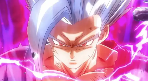 Gohan w swojej najpotężniejszej formie, z białymi włosami i intensywnym spojrzeniem, otoczony fioletową aurą i błyskawicami. To jego Ultra Instynkt.