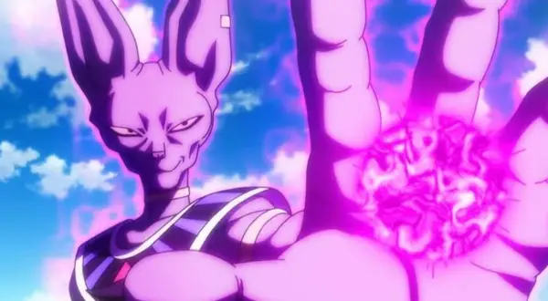 Bóg Zniszczenia Beerus przygotowuje potężny atak Hakai w Dragon Ball.