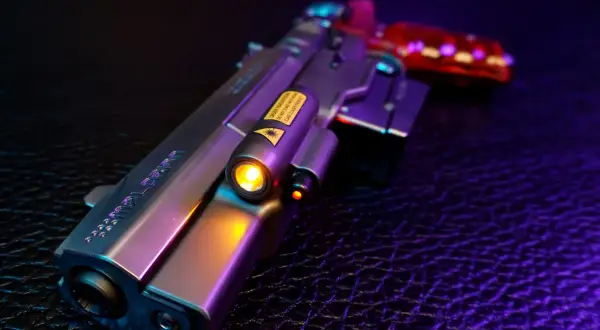 Cyberpunkowy pistolet, przypominający broń Johnny'ego Silverhanda, z laserowym celownikiem i świecącym uchwytem.