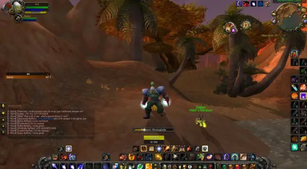 Gracz w grze MMORPG, postać orka z zieloną czupryną, stoi na pustynnym terenie z palmami. Widoczny interfejs gry, czat i paski umiejętności. Wow polski serwer!