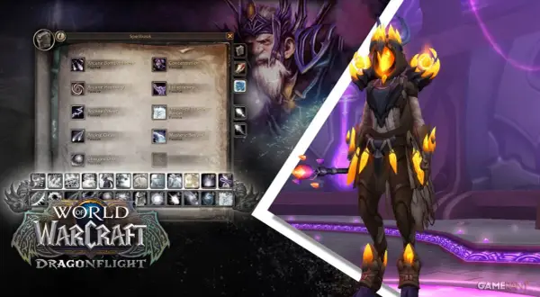 Interfejs gry World of Warcraft Dragonflight z oknem zaklęć maga, pokazującym umiejętności takie jak Arcane Power i Mastery: Savant, kluczowe dla optymalnej arcane mage rotation.