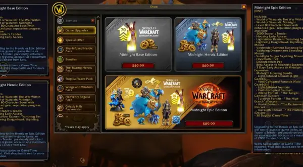 Ekran sklepu World of Warcraft z edycjami Midnight: Base, Heroic i Epic. Wow gra!
