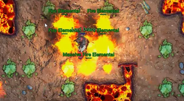 W świecie tibia 3d, gracz walczy z Lordem Draco Elemental, otoczonym przez ogień i innych żywiołaków.