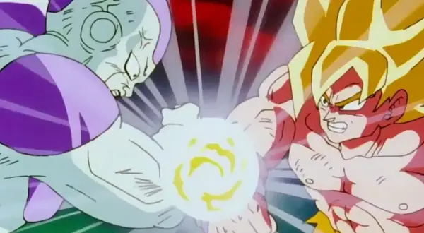 Zacięta walka Goku vs Frieza. Obaj wojownicy napinają mięśnie, przygotowując się do potężnego ataku energetycznego.