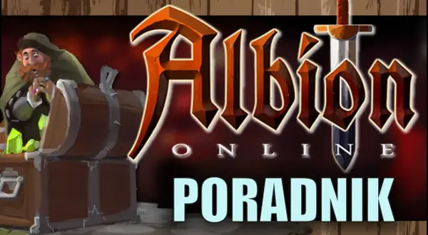 Krasnolud z brodą przegląda skrzynię pełną klejnotów. W tle logo gry Albion Online i napis "PORADNIK".