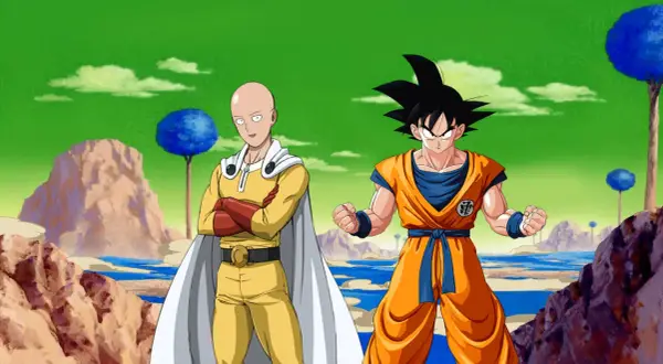 Saitama i Goku stoją naprzeciw siebie, gotowi do walki. Ich starcie to marzenie fanów.