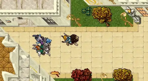 Postacie z gry Tibia na rynku, jedna na koniu, druga na bestii.