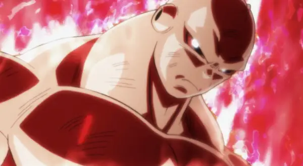Jiren w czerwonej poświacie, gotowy do walki w Dragon Ball Super odc 130. Jego mięśnie napinają się, a oczy płoną determinacją.