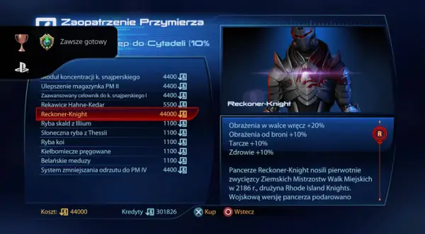 Pancerz Reckoner-Knight, element wyposażenia dla towarzyszy z Mass Effect 3, zwiększa obrażenia i tarcze.