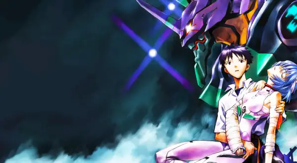 Shinji trzyma Rei, która jest ranna, obok gigantycznego Evangeliona. Scena z Neon Genesis Evangelion odc 1.