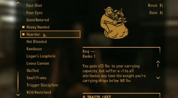 Wybór cechy "Hoarder" w Fallout: New Vegas. Zwiększa udźwig, ale obniża atrybuty, gdy ekwipunek jest lekki.