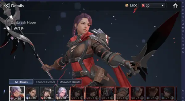 Lene, bohaterka z gry Seven Knights 2, w zbroi i z kosą. Poniżej lista dostępnych postaci.