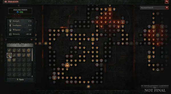 Interfejs drzewka umiejętności Diablo 4 z dostępnymi 195 punktami. Widoczne statystyki postaci i dostępne glify.