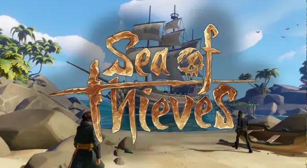 Złoty napis "Sea of Thieves" na tle tropikalnej wyspy, statku i dwóch piratów. Rozpoczynają się opowieści o piratach!