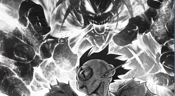 Potężny demon z Dragon Ball Kakumei w furii, otoczony mroczną energią.