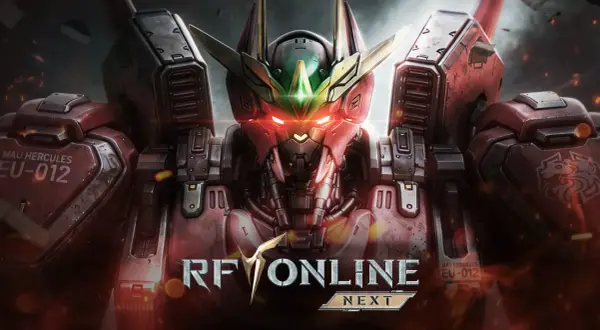 Potężny mech z gry "Rangers of Oblivion" z czerwonymi, świecącymi oczami i złotymi elementami.