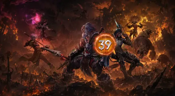 Bohaterowie Diablo 3 sezon 39 walczą z hordami demonów na tle płonącego świata.