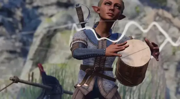 Elfka BG3 bard gra na bębnie, gotowa do akcji.