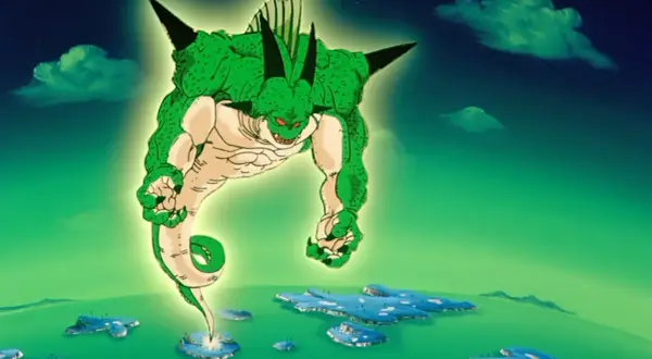 Potężny zielony smok z Dragon Ball, z rogami i kolcami, unosi się nad zielonym oceanem z wyspami.