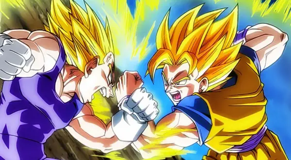 Goku i Vegeta w formie Super Saiyan walczą wręcz, ich pięści zderzają się, emanując potężną energią.