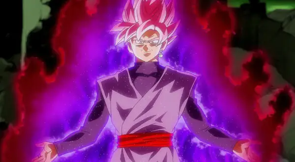 Goku Black w różowych włosach i czarnym stroju, otoczony fioletową i czerwoną aurą mocy, gotowy do walki.