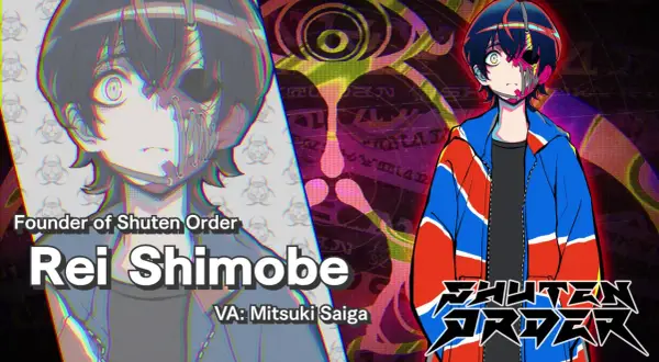 Rei Shimobe, założyciel Shuten Order, z uszkodzoną twarzą, w kolorowej kurtce. Styl graficzny przypomina gry od Spike Chunsoft.