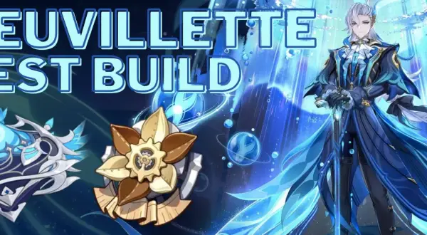 Neuvillette z Genshin Impact w niebieskim stroju, obok artefaktów. Tekst "NEUVILLETTE BEST BUILD" na górze.