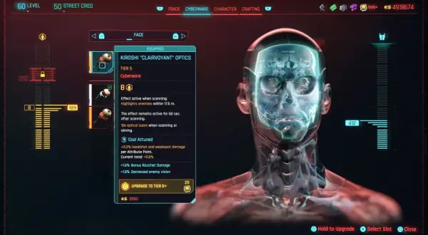 Cyberpunk 2077: menu z cyberware'em, gdzie widzimy ulepszenie dla oczu Kiroshi "Clairvoyant" Optics.