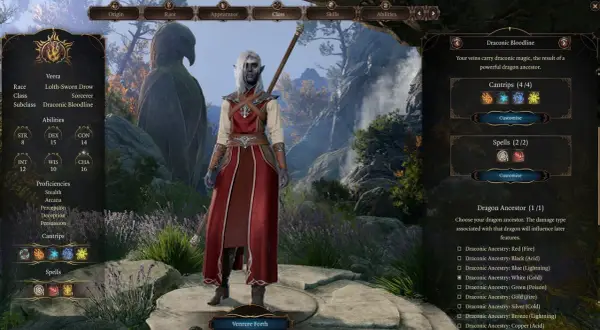 Postać BG3 Sorcerer, mroczna elfka z draconiczną krwią, gotowa do walki.