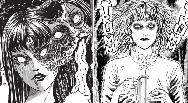 Dwie przerażające postacie z mangi Junji Ito. Po lewej dziewczyna z rozpadającą się twarzą, po prawej kobieta z pustymi oczami i lirą.