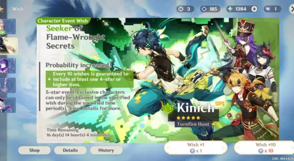 Aktualny baner Genshin Impact: Kinich UP! z postaciami Venti, Raiden Shogun, Kazuha, Yae Miko i Thoma.