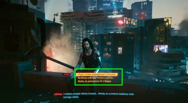 Johnny Silverhand w Night City, rozważa współpracę z Arasaką lub prośbę o pomoc od Panam.