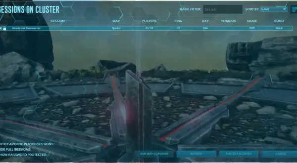 Lista sesji polskie serwery ark: Fjordur, 0/10 graczy, ping 77, dzień 244, tryb PVP.