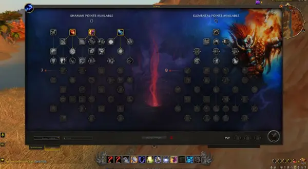Gracz na poziomie 125 w World of Warcraft przegląda drzewko talentów szamana, wybierając umiejętności.