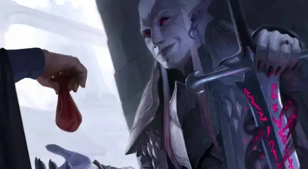 Uśmiechnięty hexblade warlock z czerwonymi oczami otrzymuje sakiewkę. Jego miecz lśni mroczną magią.