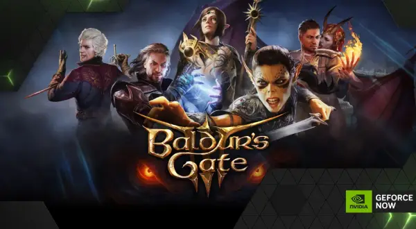 Postacie z Baldur's Gate 3 na tle miasta, gra dostępna w GeForce NOW.