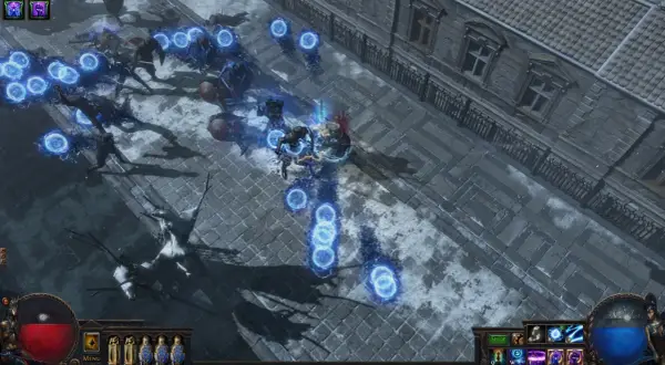 W grze Path of Exile, poe nowa liga, bohater walczy z hordą wrogów, używając magicznych kul energii.