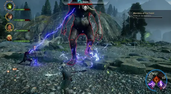 Bitwa z olbrzymem w Dragon Age: Inkwizycja DLC. Gracze walczą z potężnym przeciwnikiem, używając magii i broni.