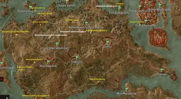 Mapa z Wiedźmina 3, z zaznaczonymi miejscami, w tym "Wyśmienity pancerz niedźwiedzia" - klucz do zdobycia zbroi Wiedźmin 3 niedźwiedzia.