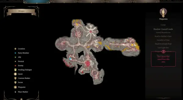 Mapa BG3 akt 2: Morgue. Widoczna jest mapa podziemi z zaznaczonymi punktami, w tym sojusznikiem i wrogami.