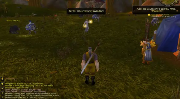 Gracze w grze WoW po polsku, jeden z nich woła: "NIECH ODNOWI CIĘ ŚWIATŁO!".
