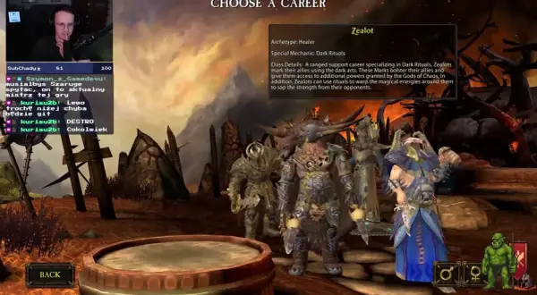 Wybór klasy Zealot w Warhammer Online. Postacie w mrocznych szatach i zbrojach, gotowe do walki.