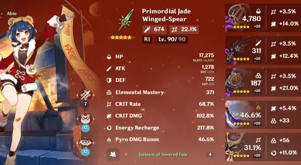 Xiangling z Genshin Impact, poziom 90, z włócznią Primordial Jade Winged-Spear i artefaktami Emblem of Severed Fate.