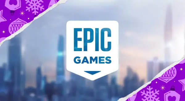 Logo Epic Games na tle miasta, otoczone świątecznymi ozdobami. Czyżby zapowiedź kolejnych epic games leaks?