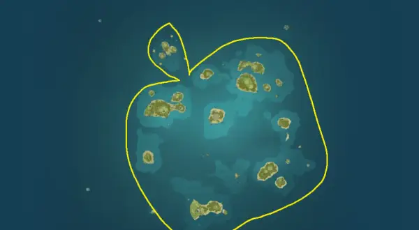 Mapa archipelagu wysp w kształcie jabłka, otoczona żółtą obwódką.