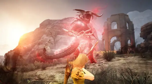 Łuczniczka walczy z potworem w świecie gry Black Desert, który można pobrać za darmo.