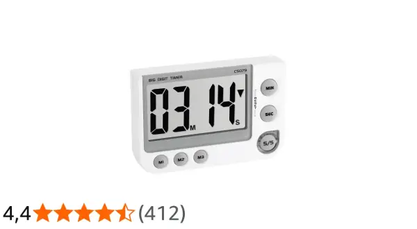 Biały timer kuchenny z dużym wyświetlaczem pokazuje 03:14. Idealny do gotowania lub gry w Metin2.